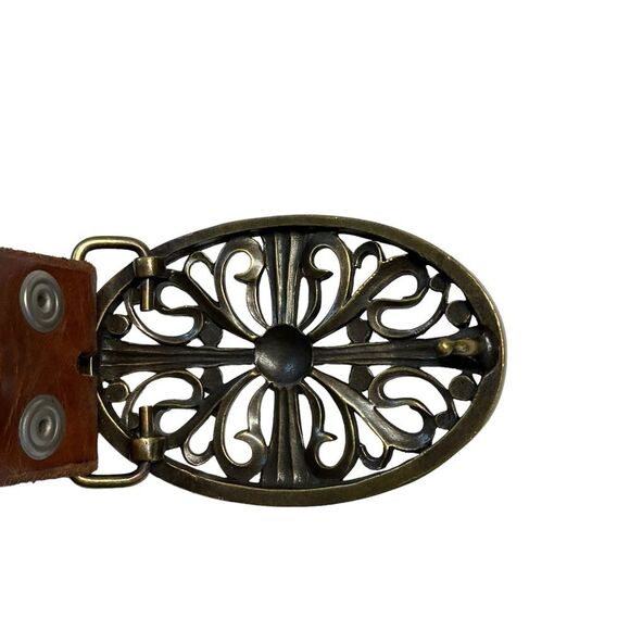Million Wishes Brown Leather Gold-tone Ornate Detachable Buckle Belt Size L(42”) - Picture 2 of 16